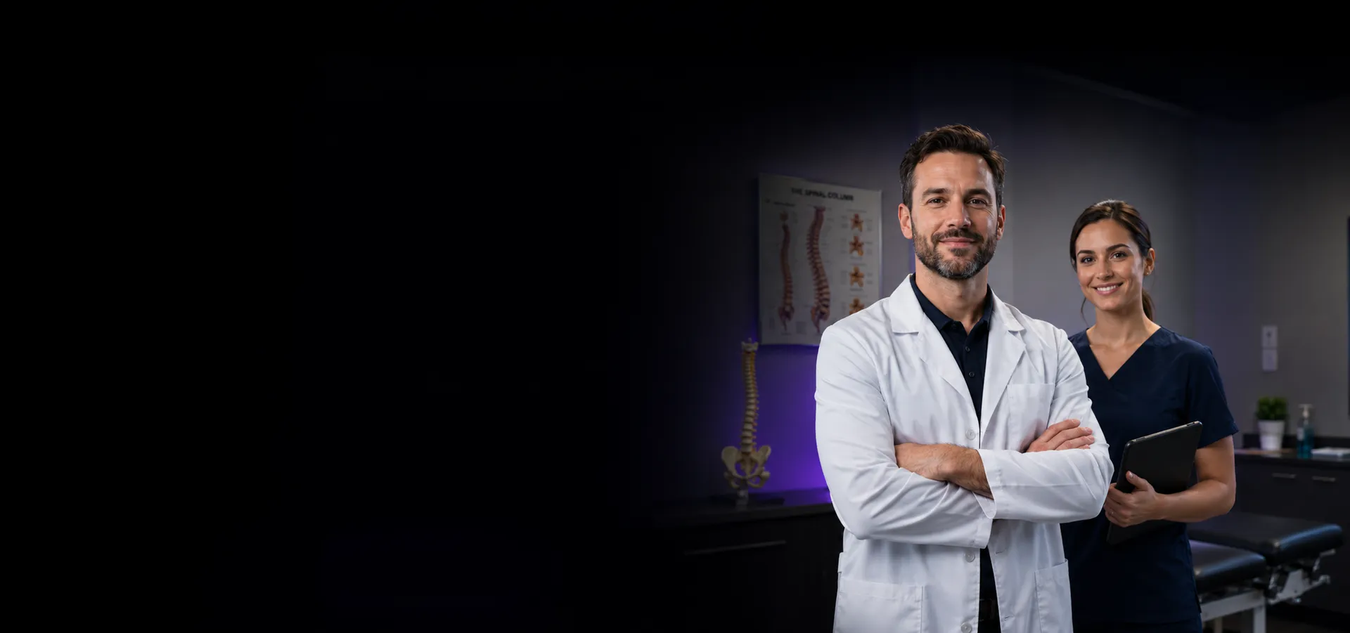 Two chiropractors in a treatment room beside a spinal anatomy chart