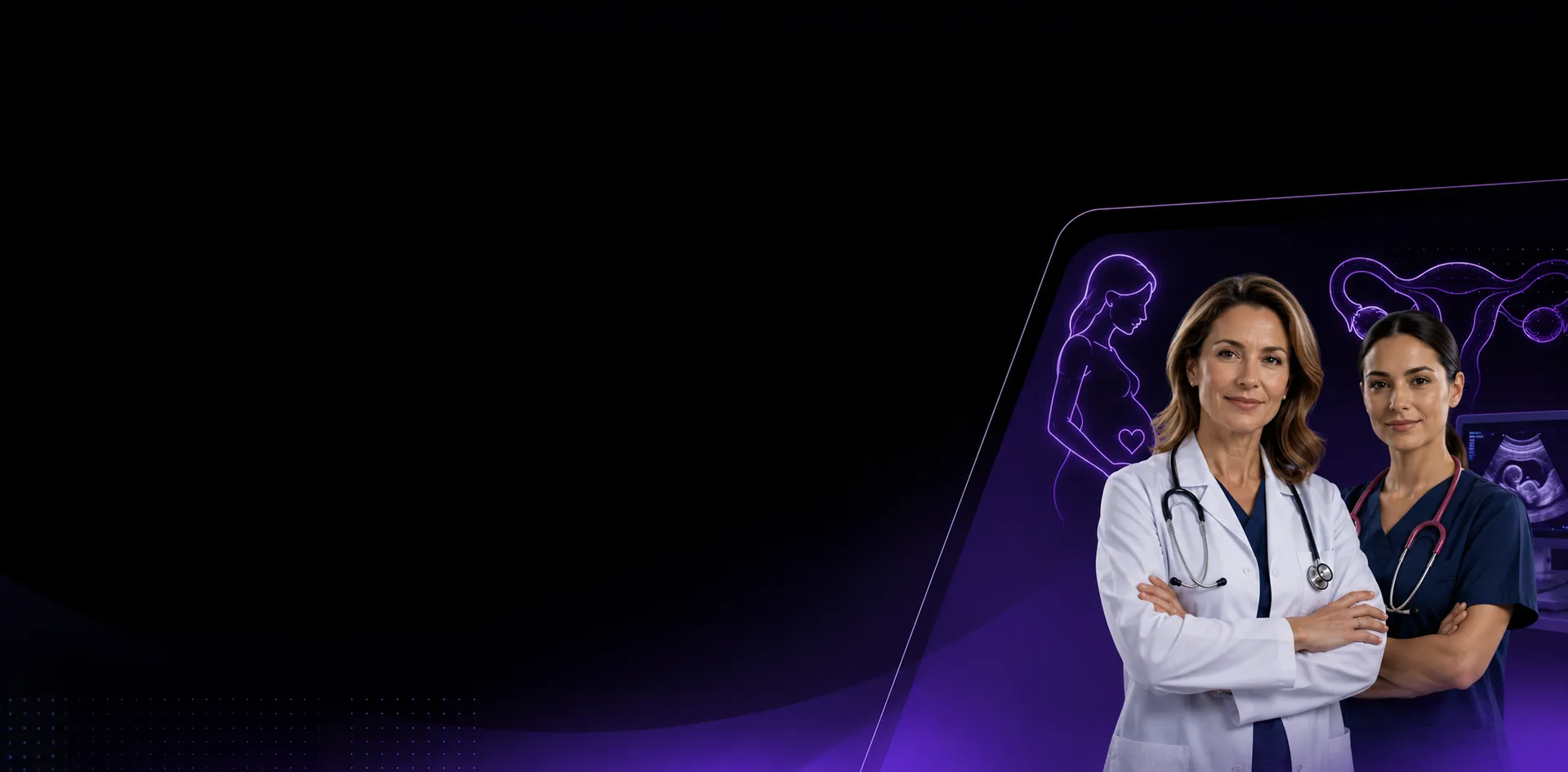 An OB/GYN and a nurse in a women’s health clinic lit by neon anatomical signage