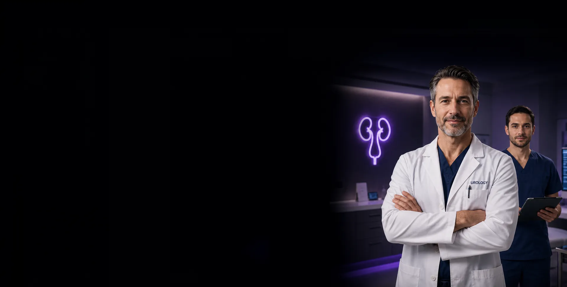 A urologist and a colleague in a clinic lit by a neon renal diagram